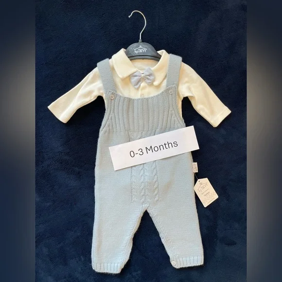 NEW! Baby Blue Knit Overalls with Cream Shirt Set - Picture 1 of 3